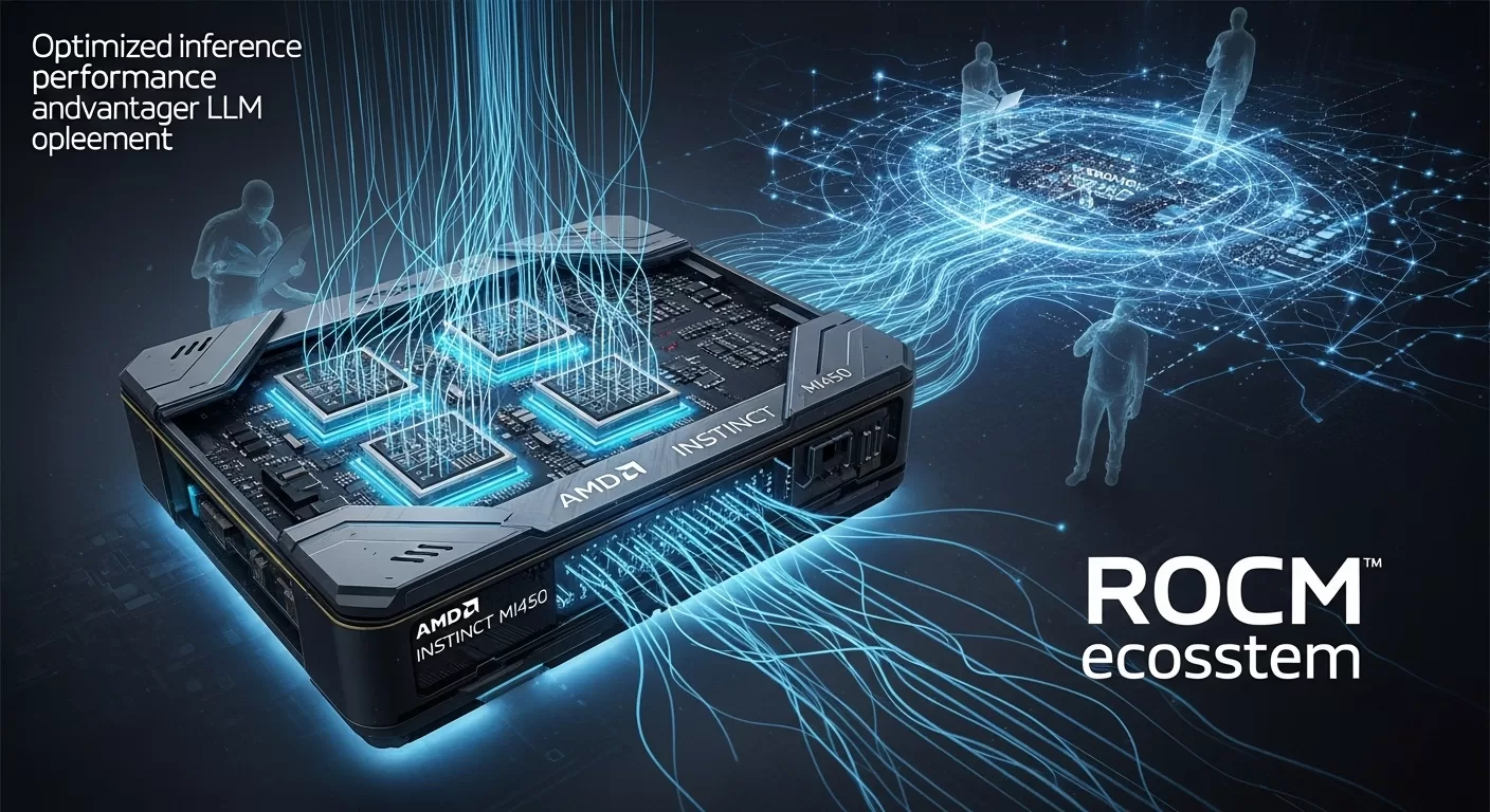 Illustration of an AMD Instinct MI450 GPU with its chiplet architecture and ROCm ecosystem