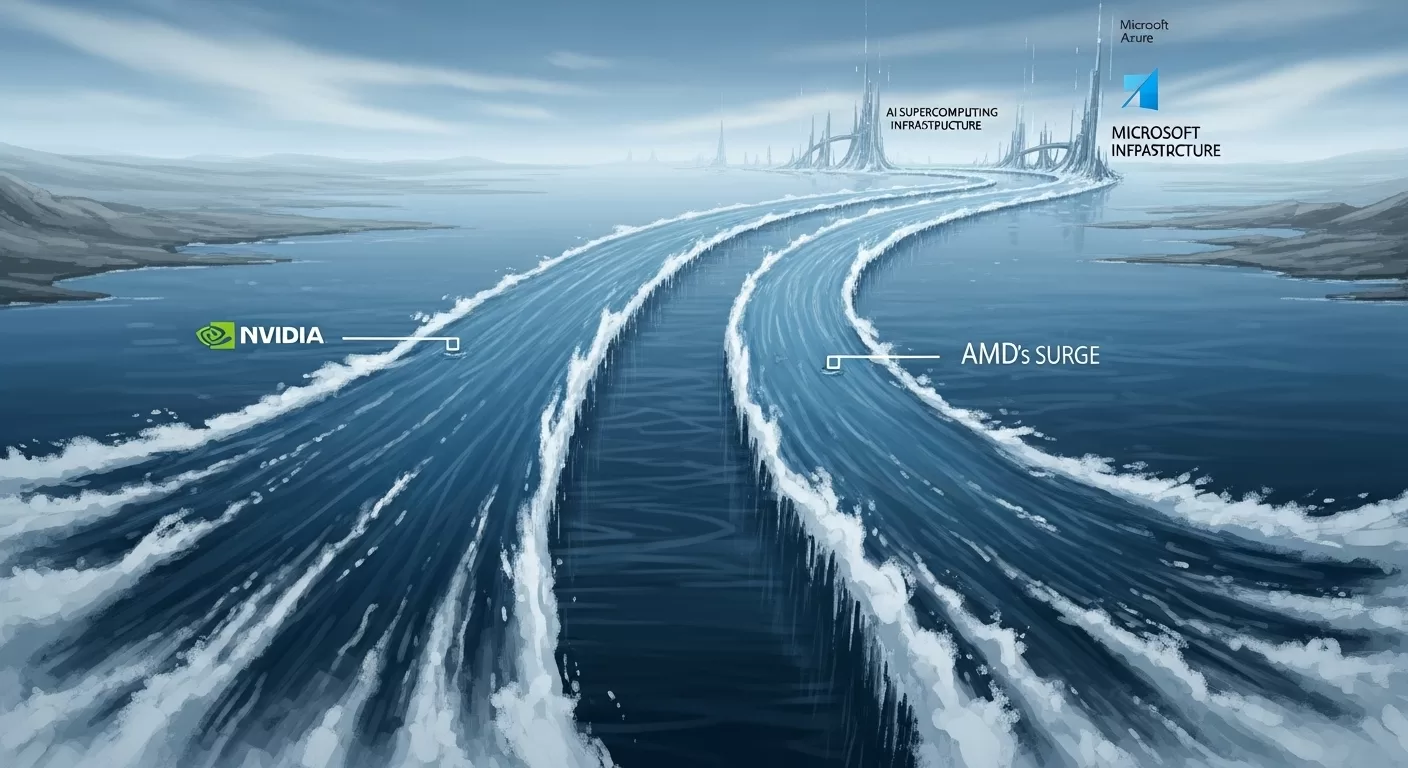 Converging currents symbolizing the shifting market dynamics between AMD and Nvidia
